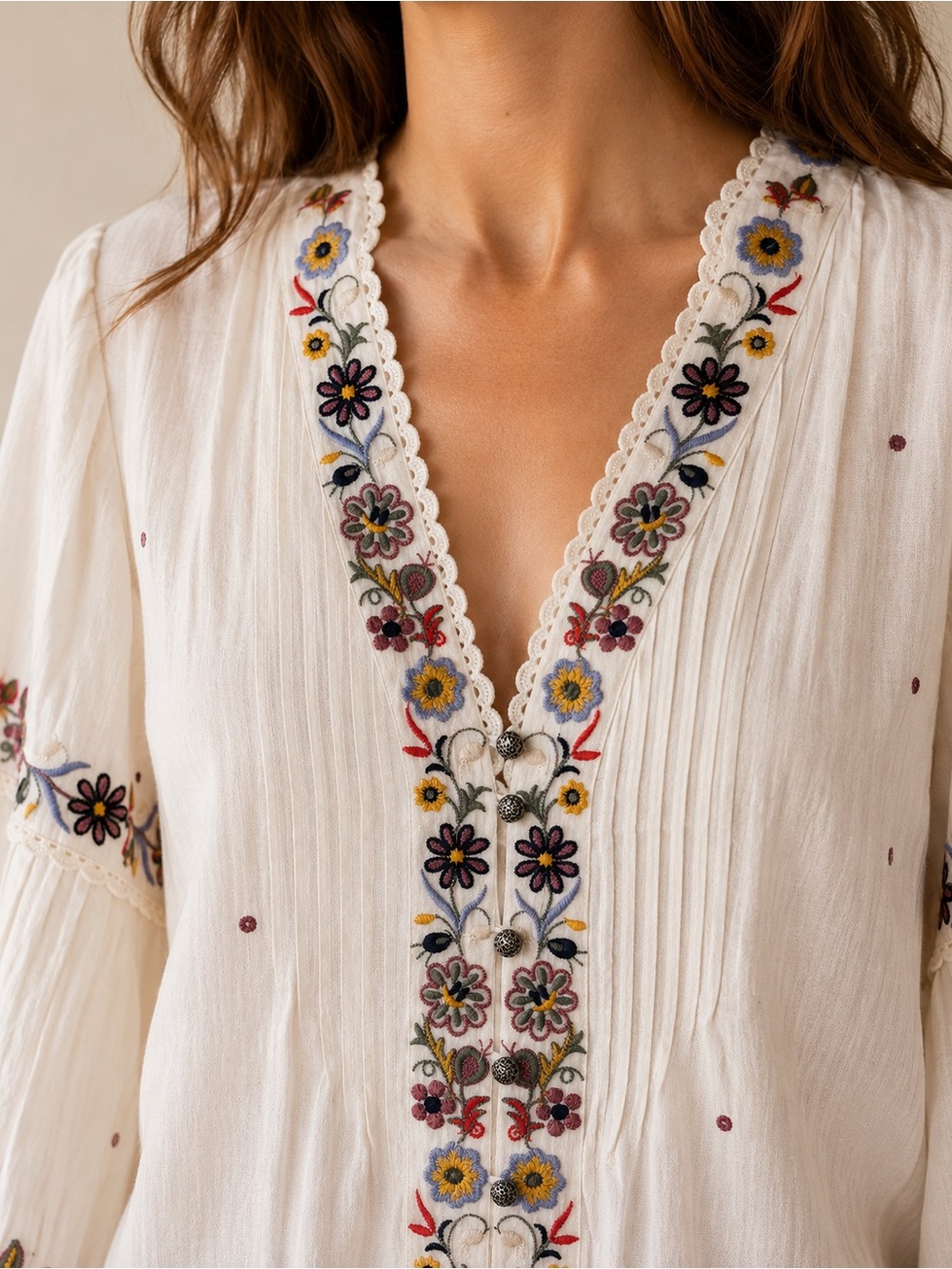 Embroidered V-Neck Balloon Sleeve Top - White with Multicolor Floral Trim - Picture 2 of 8